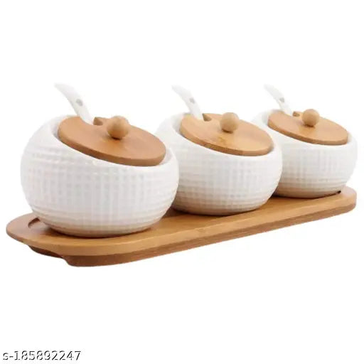 Porcelain Condiment Jar Spice Container with Lids (1 Set Container 3pcs of Jar)