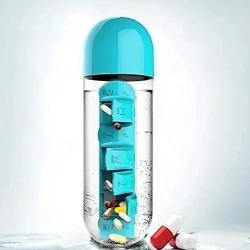Medicine Pill Storage Box and Water Bottle Combination for Outdoor, Gym, Travel.